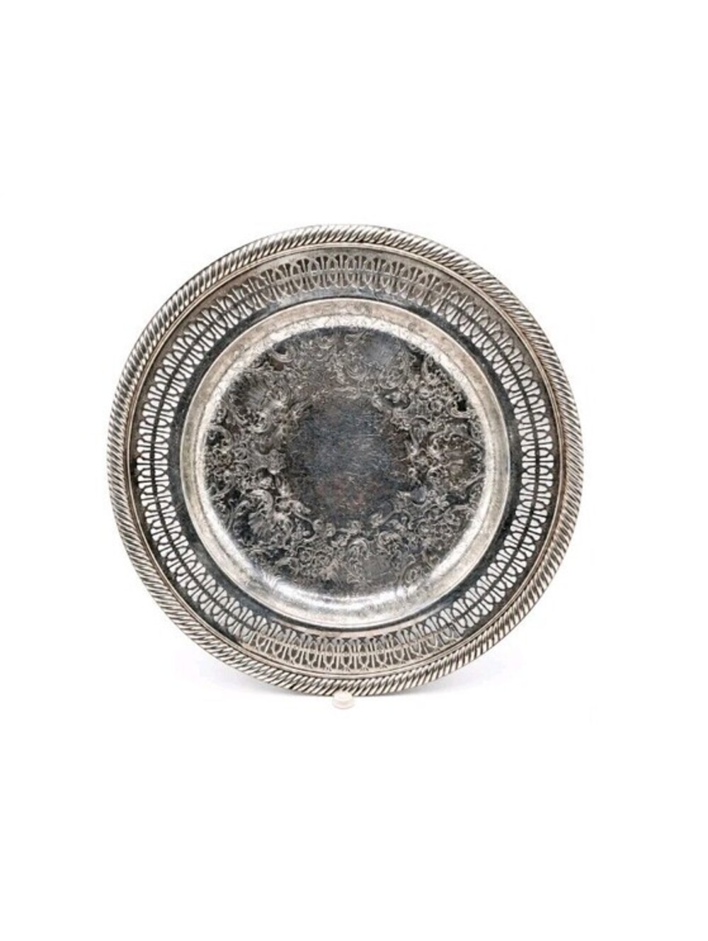 Vintage Wm Rogers Silverplate 15" Round Serving Tray Pierced Floral Rope Edge